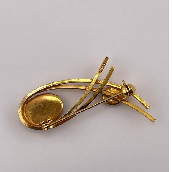 VTG Japan Mid Century Mod Bezel Set Black Onyx Red Orange Gold Tone Fish‎ Brooch - Picture 3 of 5